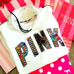 Victoria's Secret PINK Sequin Bling Pullover Sweatshirt Cowl Neck Drawstring NWT